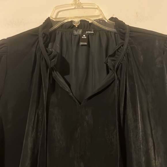 Aqua black satin  blouse ruffle neck. - Picture 2 of 8